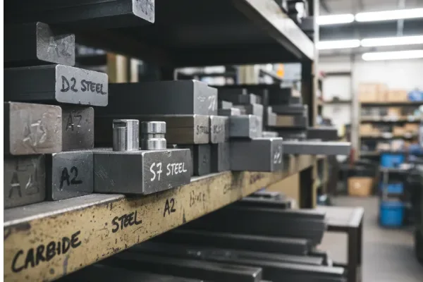Tool steel bars labeled A2, D2, and S7 on a workshop storage shelf, showing raw material inventory for die and mold making.