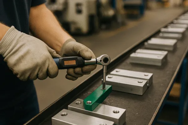 Worker using a torque wrench to tighten a metal part in a workshop