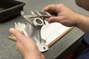 Quality control inspector measuring a metal part with a digital caliper, checking dimensions for accuracy in an industrial manufacturing setting.