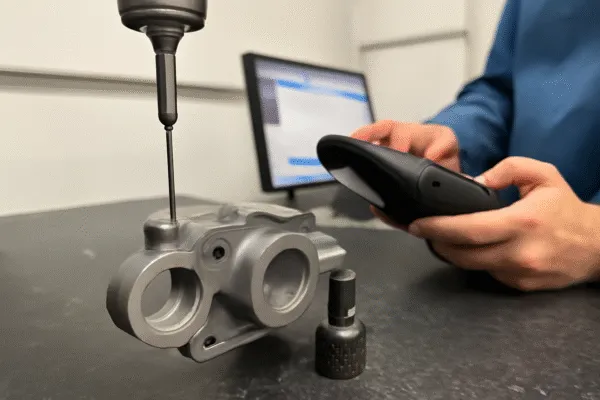Quality control inspection of a metal part using a coordinate measuring machine (CMM) and a digital touch probe.