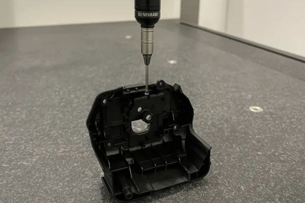 Renishaw CMM probe measuring a plastic part, used for precise quality control in manufacturing.