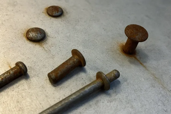 Rusty rivets and metal fasteners with corroded surfaces on a steel plate.