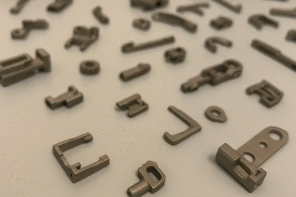 Close-up of various small metal parts arranged neatly, showcasing their intricate shapes and precision.