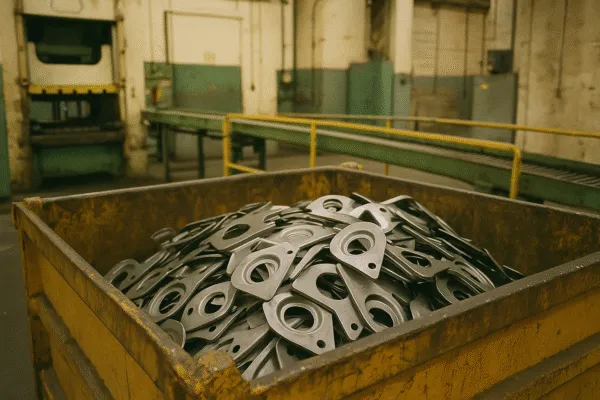 Stacked metal parts in a container, ready for further processing in a manufacturing facility.