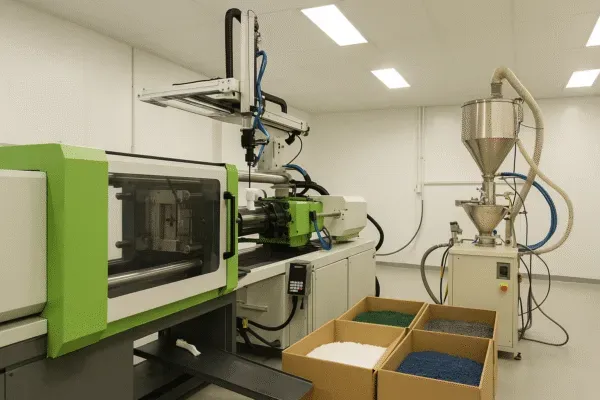 Injection molding machine with plastic pellets in bins ready for production in a clean room environment.