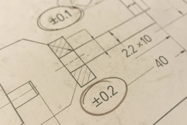 Close-up of a technical drawing showing precise dimensions and tolerance marks, indicating ±0.1 and ±0.2.