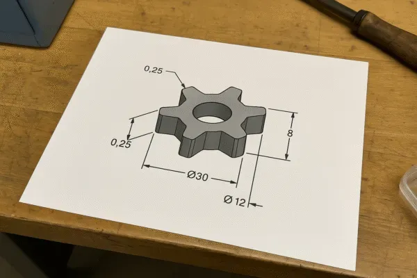 Technical drawing of a metal part with dimensions, featuring a gear-like shape with detailed measurements.