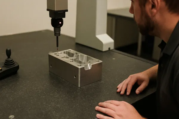 Technician using a coordinate measuring machine (CMM) to inspect the dimensions of a machined metal part.