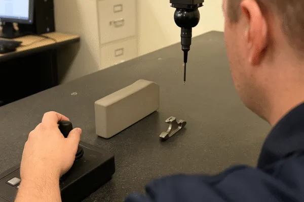 Technician using a coordinate measuring machine (CMM) to inspect a metal part with a joystick controller.