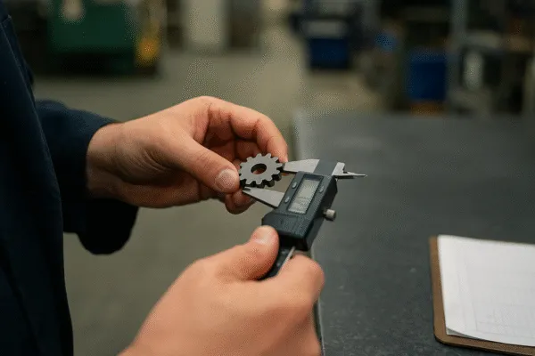 Technician measuring a metal gear part with a digital caliper for precise dimensions.