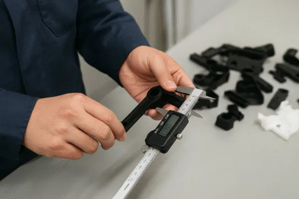Technician using digital calipers to measure a plastic part, ensuring precise dimensions during quality control.