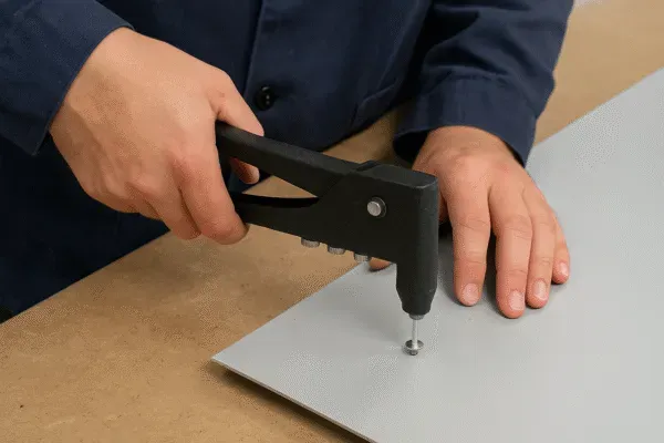 Using a rivet gun to attach a metal rivet to a sheet of metal in an industrial setting.