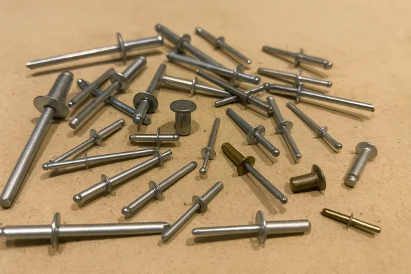 Various types of metal rivets and fasteners in different sizes, arranged on a flat surface.