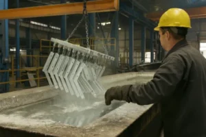 Worker in a factory performing hot-dip galvanizing on metal parts, hanging them in a tank for coating.