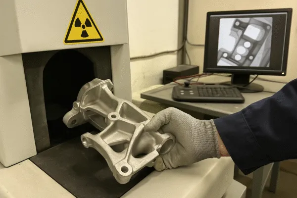 Metal worker inspecting an aluminum casting using a radiographic inspection machine, with computer analysis visible on the monitor.