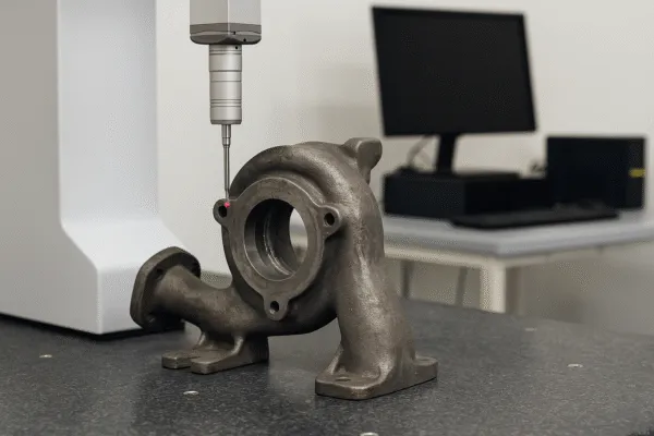 Coordinate measuring machine (CMM) inspecting a cast metal part for dimensional accuracy.
