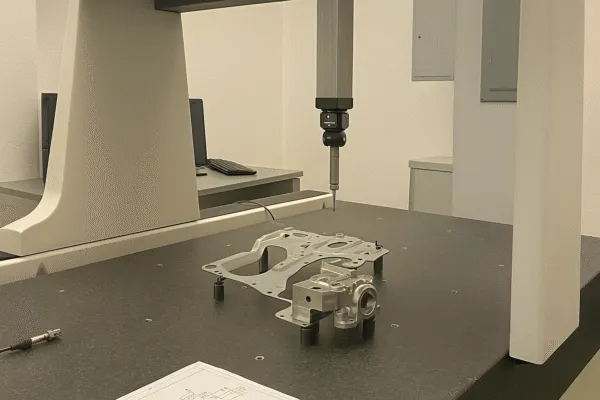 Coordinate measuring machine (CMM) inspecting a precision metal part with technical drawings on the table for accurate measurements.