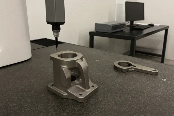 Coordinate measuring machine (CMM) performing precision measurement on a metal component in a quality control lab.