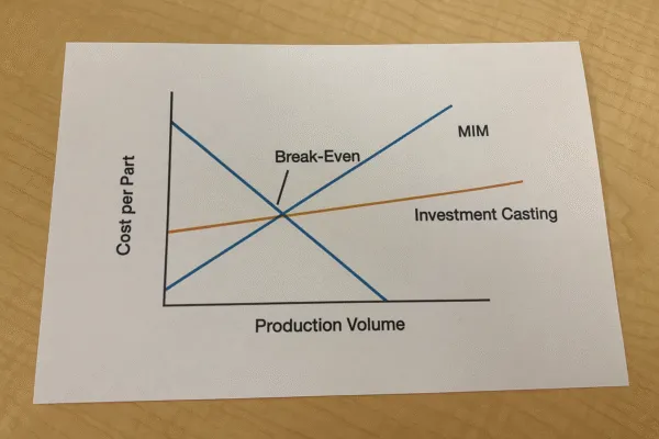 Graph comparing production cost per part versus production volume for MIM and investment casting processes.