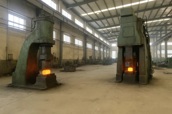 Interior view of a forging workshop with large forging hammers in operation, heating metal pieces to shape them under high pressure.