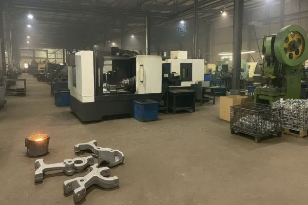 Wide shot of a factory production line with CNC machines, mechanical presses, and large metal castings.
