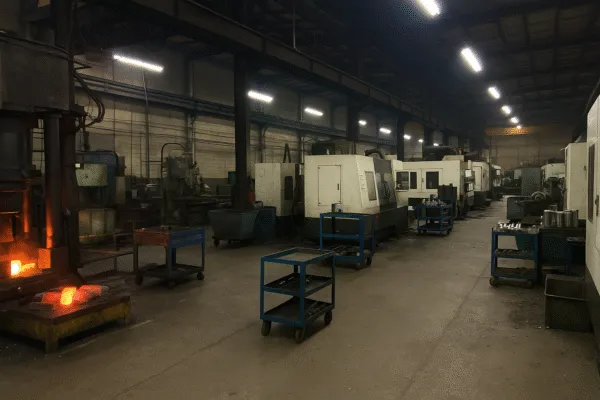 Interior view of a factory workshop with CNC machines and metalworking equipment, showing a hot forging process and well-organized tool carts.