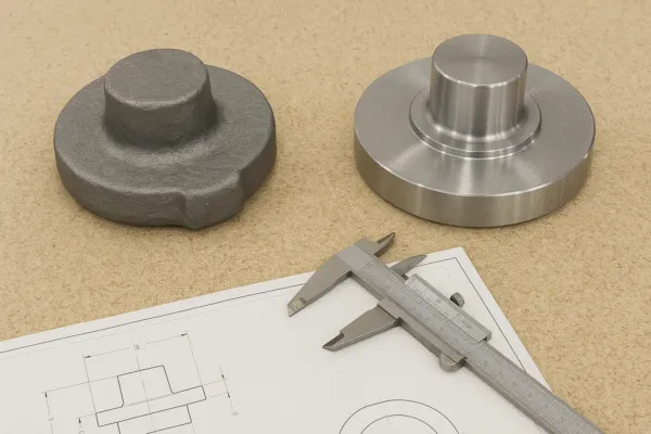 Forged metal part next to its machined counterpart, with a technical drawing and caliper showing precise dimensions for manufacturing.