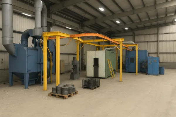 Industrial furnace room with a ventilation system, heat treatment equipment, and pallets of metal components ready for processing.