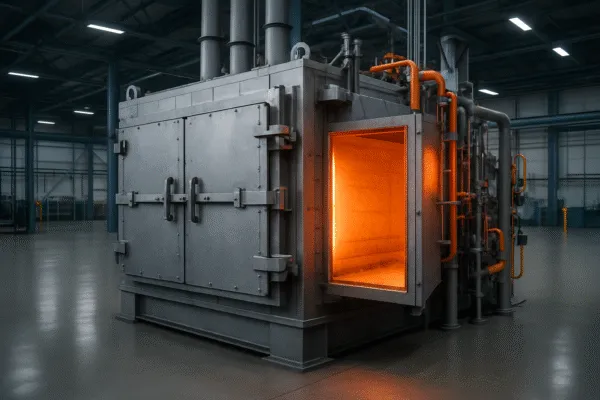 Industrial furnace used for heat treatment in a manufacturing facility, with a glowing interior and pipes for temperature control.