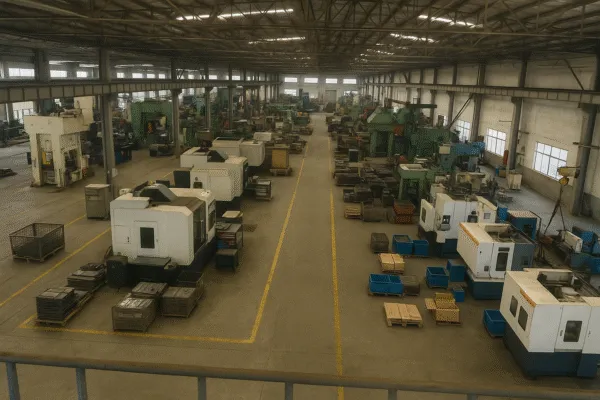 Overview of a large machine shop with multiple CNC machines and equipment arranged for efficient metal processing and manufacturing.