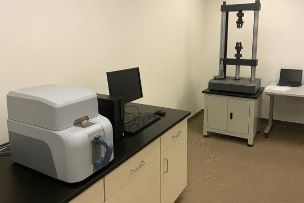 Material testing lab with a spectrometer and a universal testing machine for analyzing and testing material properties.