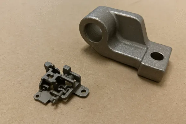 Close-up of a metal casting part and a precision smaller component, showcasing different part designs and manufacturing details.