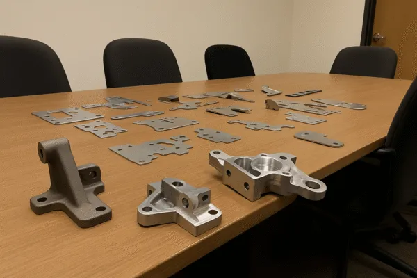 Table with a variety of metal parts, including machined components and laser-cut plates, arranged for review and selection.