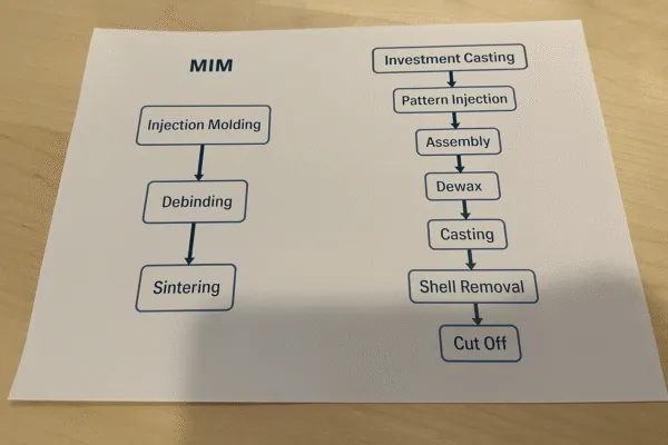 Flowchart comparing the MIM (Metal Injection Molding) and Investment Casting processes.