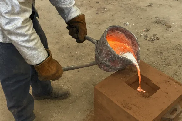 Metal worker pouring molten metal from a crucible into a mold, showcasing the casting process.
