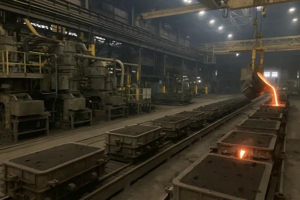 Molten metal being poured into molds from a furnace in an industrial casting process.