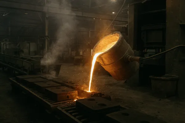 Molten metal being poured from a furnace into molds, creating metal castings in a foundry.