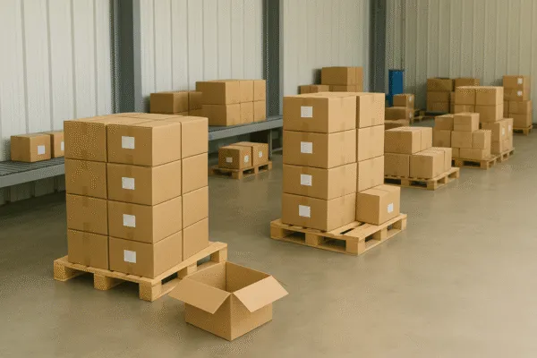 Packaging storage area with stacked cardboard boxes on pallets, ready for shipment, and a partially open box showing organized packing materials.