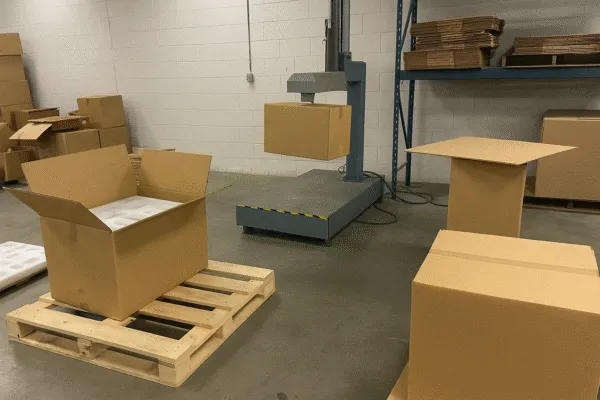 Packing and weighing station with large cardboard boxes, a pallet, and a weighing scale used for packaging and shipping preparation.