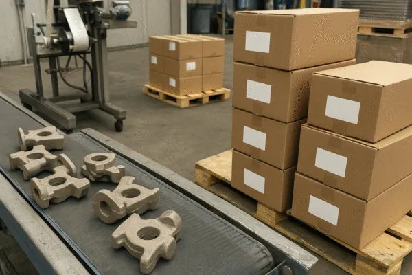 Packing line in a manufacturing facility with metal parts on a conveyor belt being prepared for shipment, and boxes stacked on pallets.