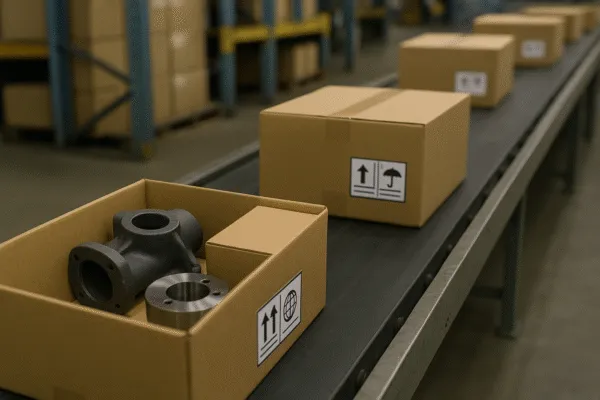 Metal parts being packed into boxes on a conveyor belt, ready for shipment with labeled packaging.