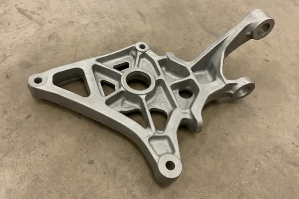 Close-up of a lightweight aluminum automotive component, showcasing intricate geometric design and precision casting.