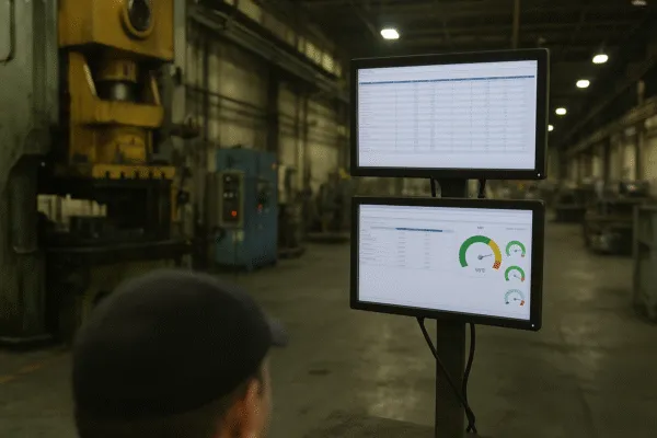 Operator monitoring performance metrics on digital screens in a press line control room, with production data and efficiency indicators.