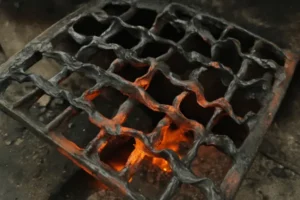 Close-up of a blackened metal grate with glowing embers beneath.