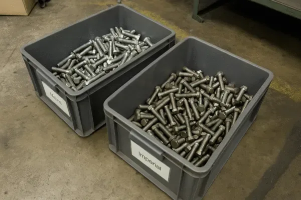 Bins of bulk metal fasteners in a factory, showing sorted threaded pins/bolts ready for OEM assembly and shipment.