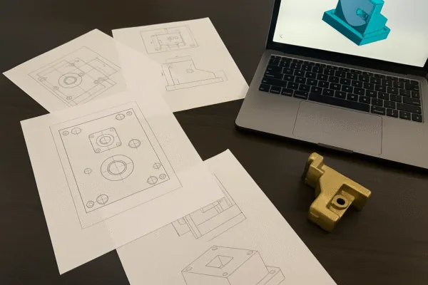 CAD drawing review with printed engineering sketches, a laptop showing a 3D model, and a brass prototype part for OEM manufacturing.