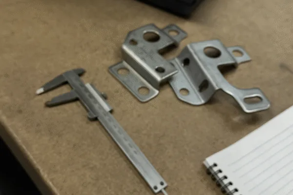 Caliper and stamped metal brackets on a workbench, showing precision measurement and OEM sheet metal part inspection.