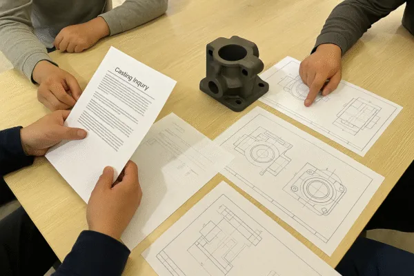 Engineering team reviewing casting inquiry documents and technical drawings with a prototype housing part on the table for OEM manufacturing.