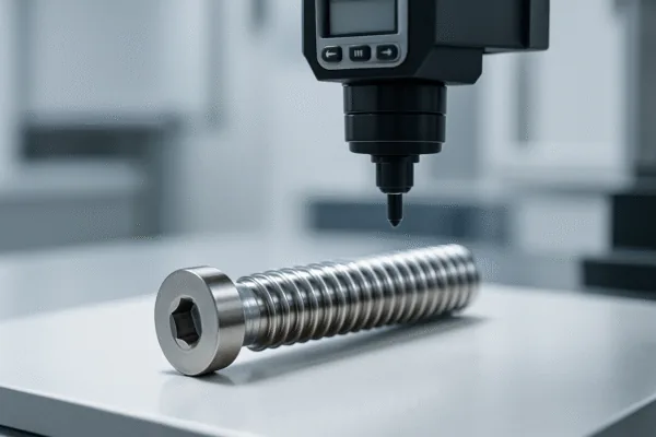 CMM probe inspecting a threaded socket head screw on a measurement table, verifying dimensions for OEM fastener quality control.