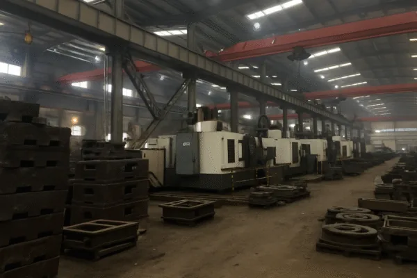 Large CNC machining workshop with multiple machines and metal casting trays on the factory floor, showing high-volume OEM production capacity.